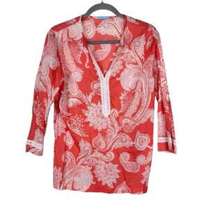 J. McLaughlin Cotton Paisley V-Neck Blouse Size Medium